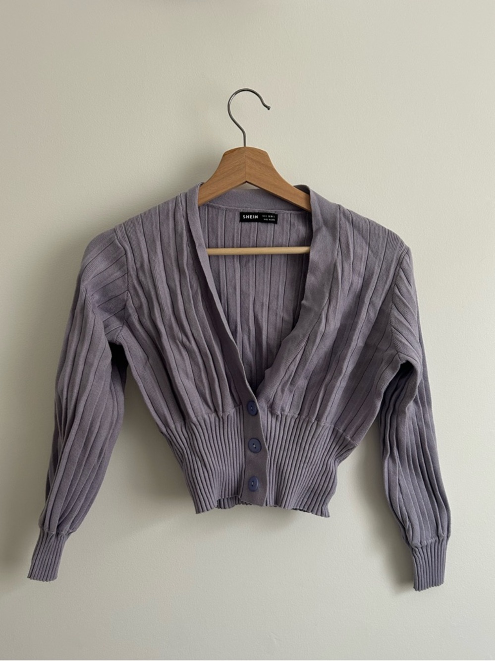 SHEIN Lavender Ribbed Cropped Cardigan